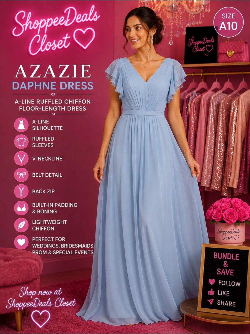 Azazie Daphne A-Line Ruffled Chiffon Floor-Length Dress – Sky Blue – Size A10